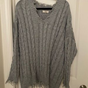 Gray fringe v-neck sweater